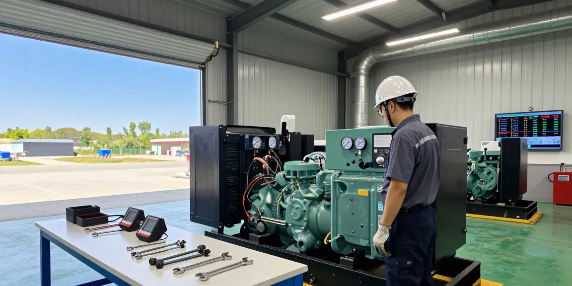Technician inspecting a diesel genset during maintenance check in industrial facility