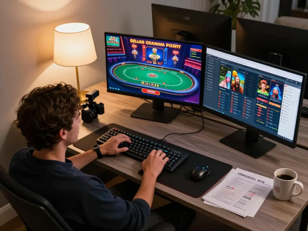 Engaging in strategic gameplay on 388bet's online platform through multiple screens and a cozy home setup.