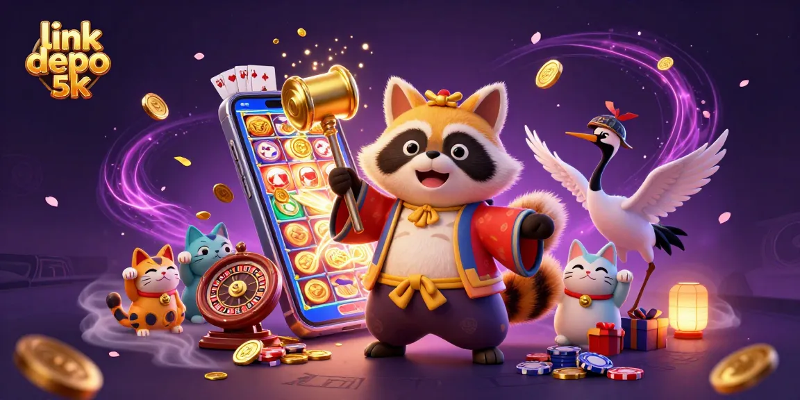 Engage with exciting games at link depo 5k, featuring a dynamic illustration with lucky symbols.