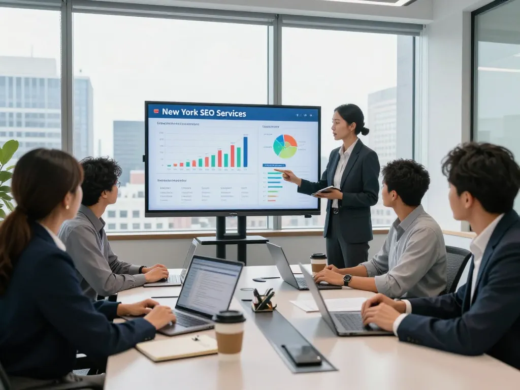 Team discussing New York SEO Services with analytics and strategy documents in a modern office.