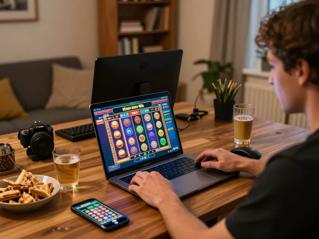 Engaging in online slot gameplay, showcasing the slot depo 3k interface with vibrant graphics.