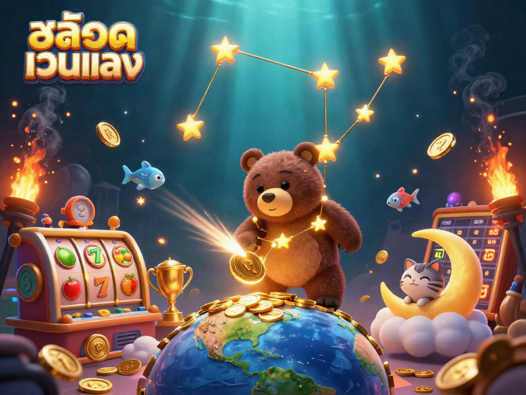 Engage in casino fun with the vibrant illustrated scene centered around สล็อตเว็บตรง, showcasing dynamic slot reels.