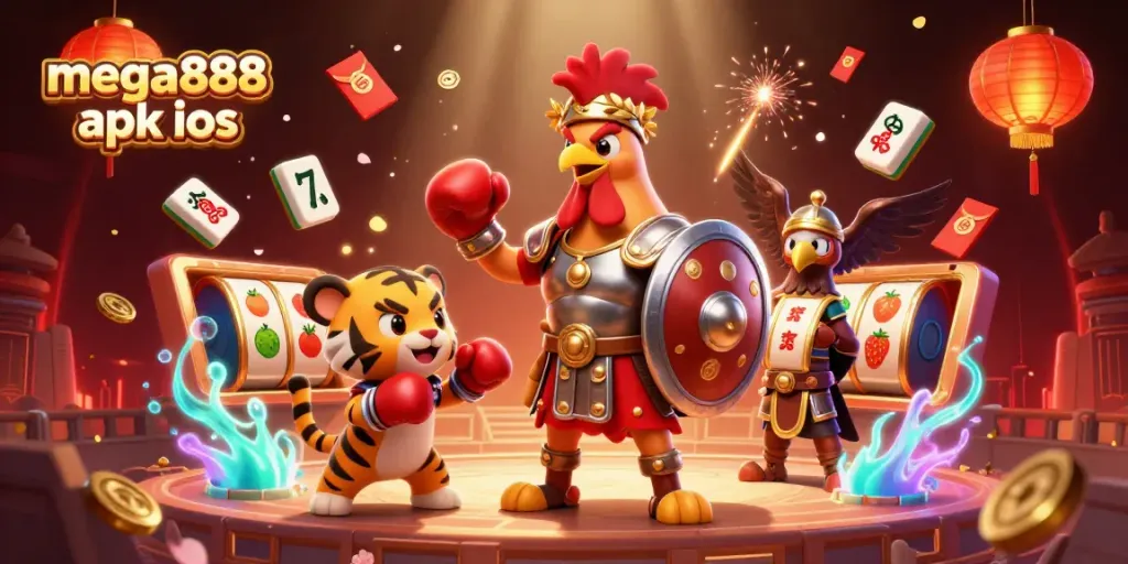 Experience mega888 apk ios in a vibrant 3D casino illustration showcasing dynamic slot elements and vibrant game energy.