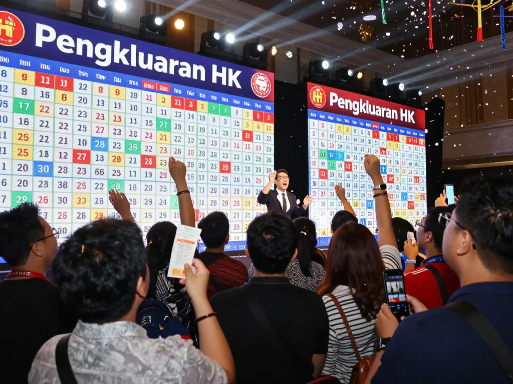 Excited players anticipating Pengeluaran HK lottery results at a vibrant live draw event.