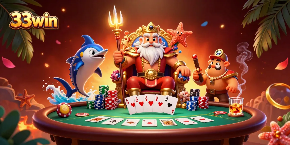 Engage with 33win's dynamic poker scene featuring sea king Neptune in a vibrant 3D illustration.