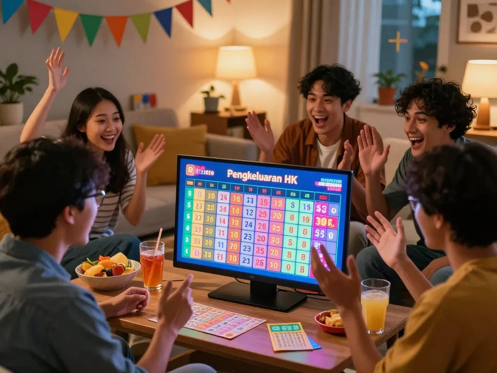 Excited group viewing Pengeluaran HK lotto results in a cozy setting.