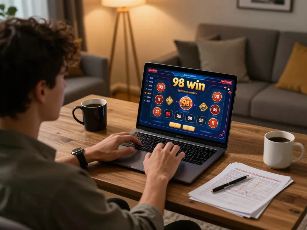 Player enjoying a thrilling moment at 98 win online casino, betting on exciting games in a cozy home.