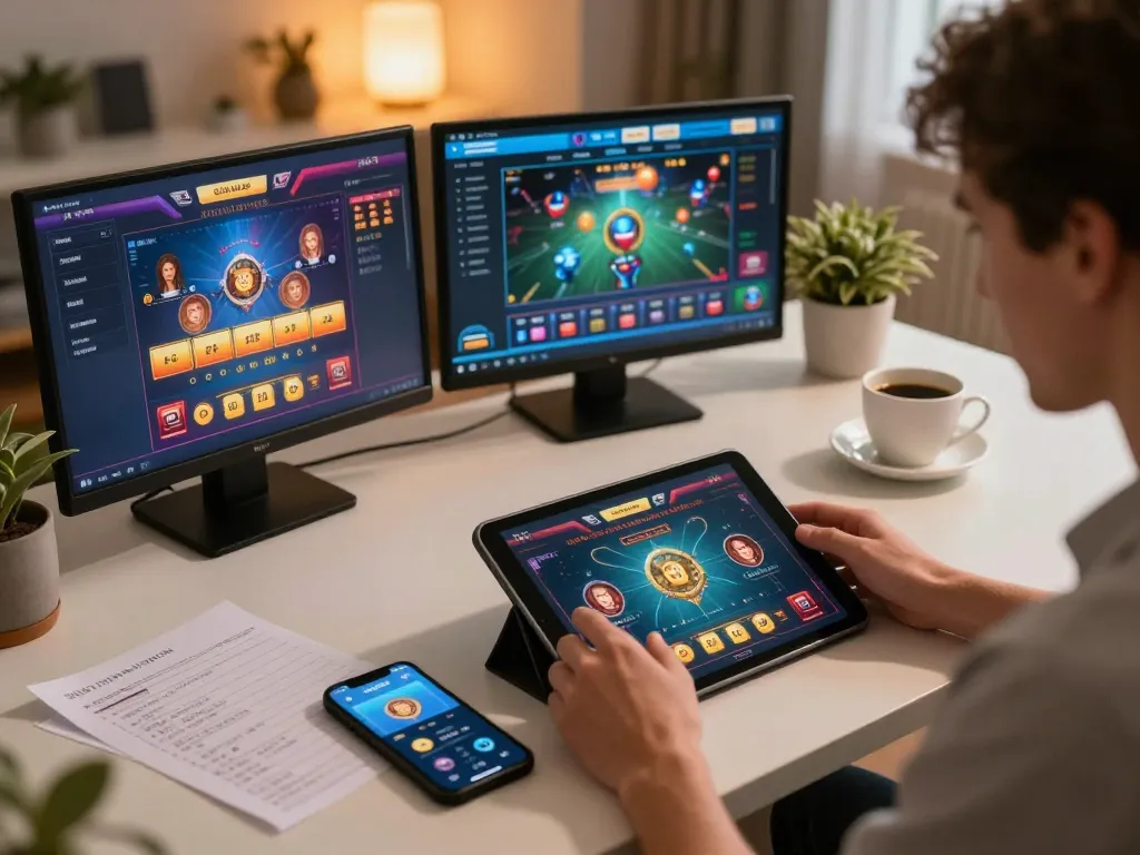 Engaged player using w188 app on tablet for online casino gaming with notes and coffee.