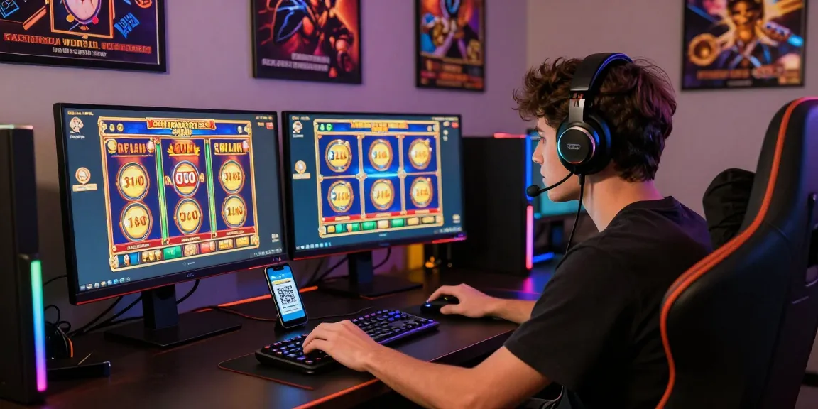 An enthusiastic gamer engaged in an exciting slot deposit 1000 experience with dual screens displaying colorful slot games, QR code for easy transactions.