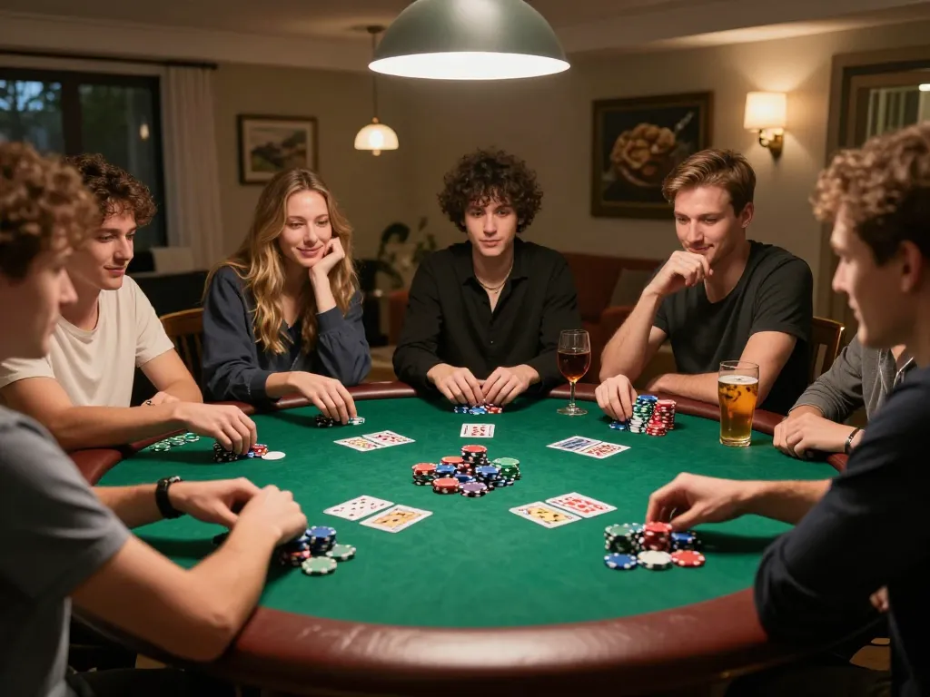 Friends playing poker at home using LC99 strategy, vibrant chips and cards create an engaging scene