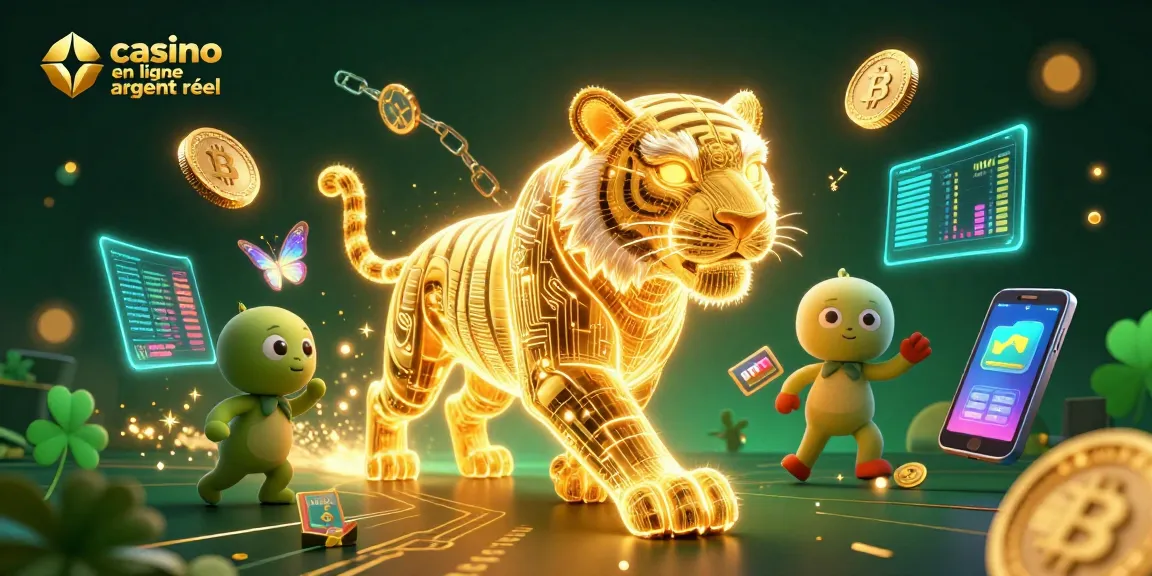 Plongez dans l'univers du casino en ligne argent réel avec un tigre doré en néon parmi les éléments de jeu numériques.
