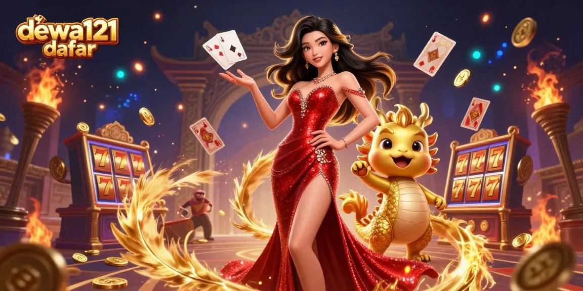 Dewa121 daftar menampilkan ilustrasi cerah dari seorang wanita percaya diri dalam gaun merah dan naga emas, dikelilingi oleh simbol-simbol perjudian.