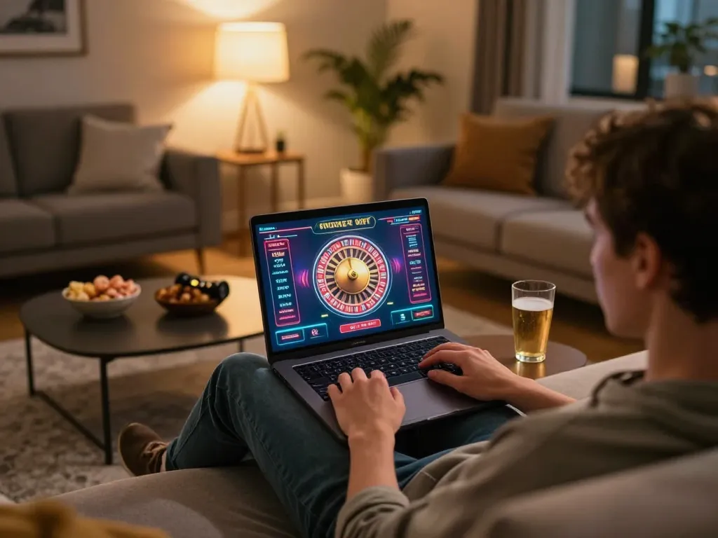 Engaging online gaming experience with laptop showing trang chu dh88 roulette interface in a cozy living room atmosphere