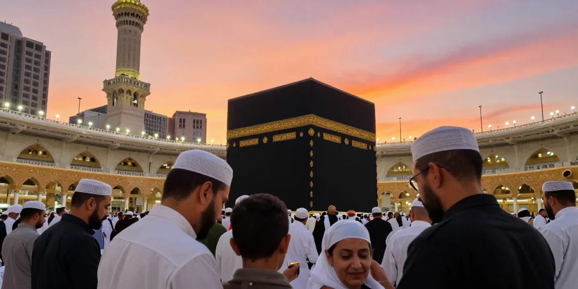 Experience the beauty of Umroh Ramadhan in 2026 at the Holy Kaaba during sunset, showcasing a vibrant travel and spiritual adventure.