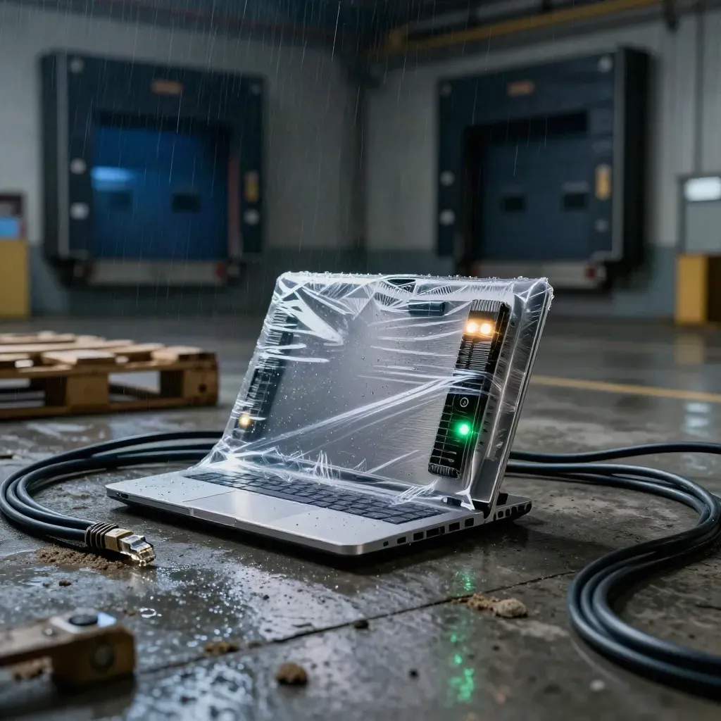 Industrial loading bay CI scene with sealed laptop, rack lights, ethernet coils and a green status lamp.