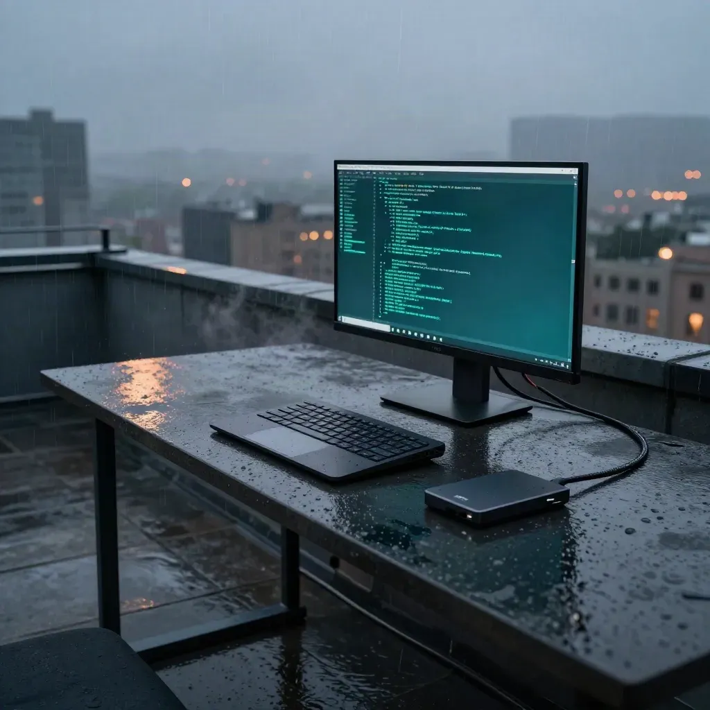 Wet rooftop dev workstation with glowing monitor, laptop, split keyboard and teal reflections.