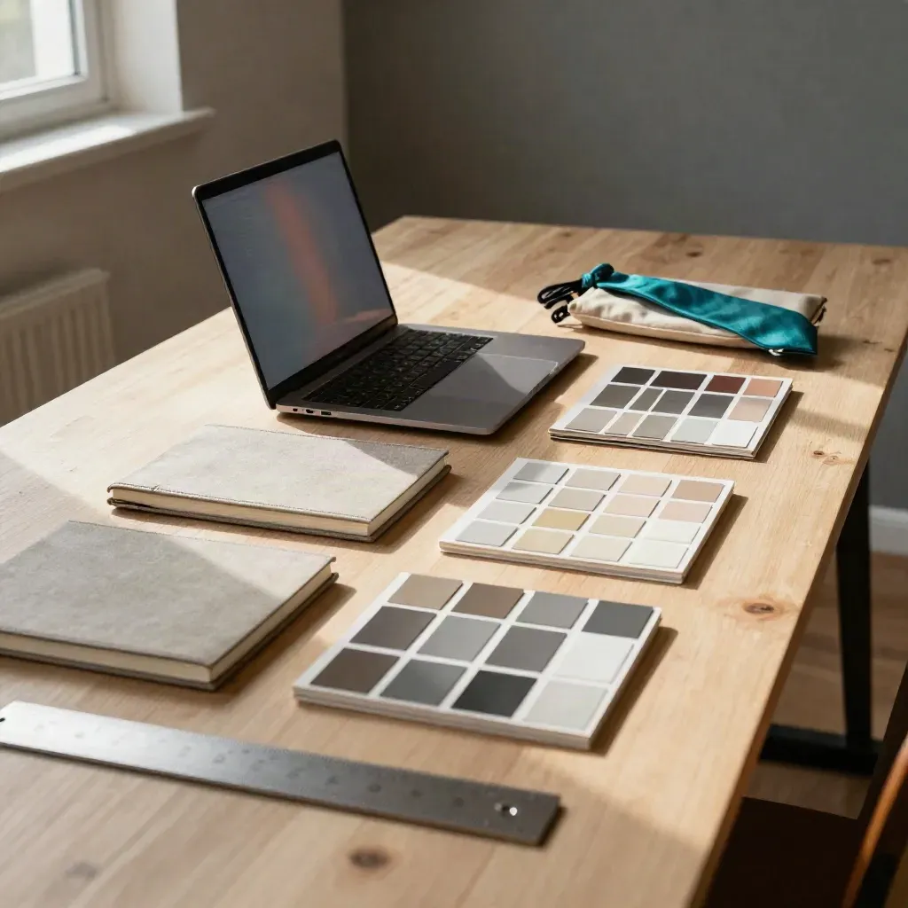 Scala style-guide kit on a studio table with laptop, keyboard, notebooks, swatches and cable pouch.