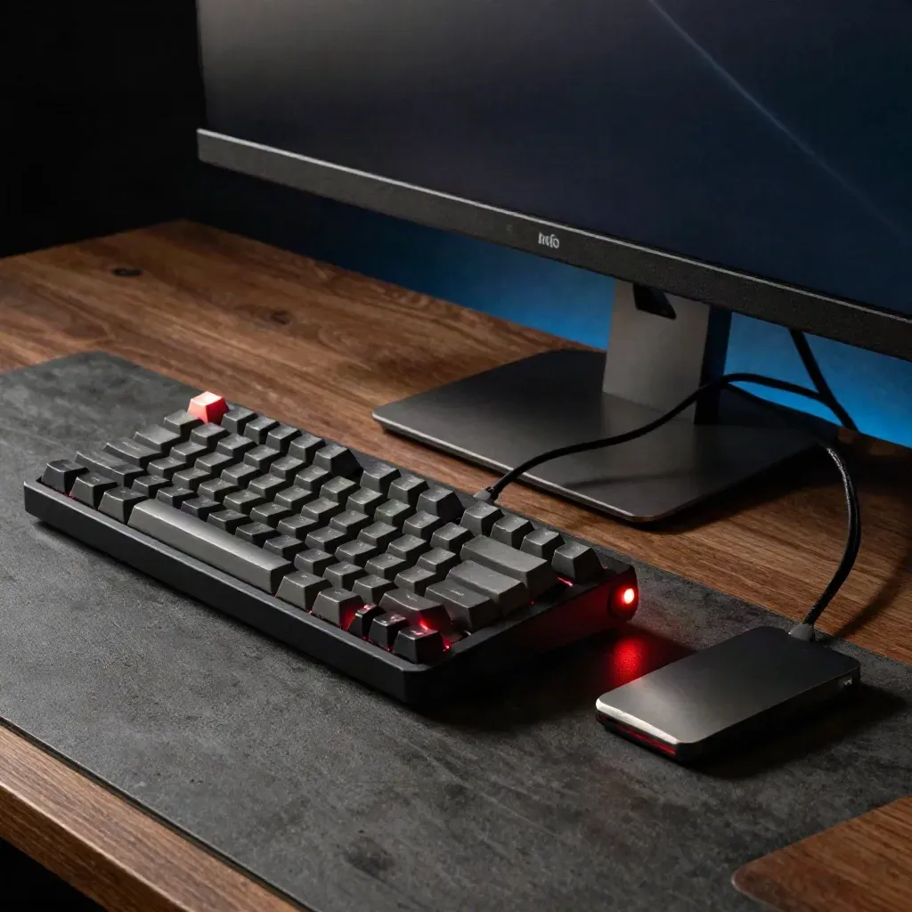 Moody lint-rules workstation with black monitor, compact keyboard, and steady red warning lamp.