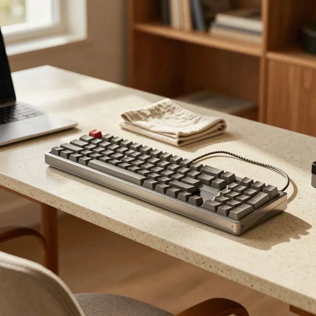 Split keyboards, metal dock and folded cloth lined up on travertine in warm studio light.