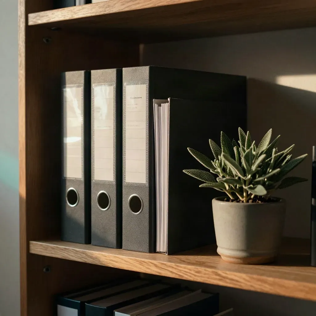 Slate binders and a small plant on a tidy shelf in warm late-afternoon light.