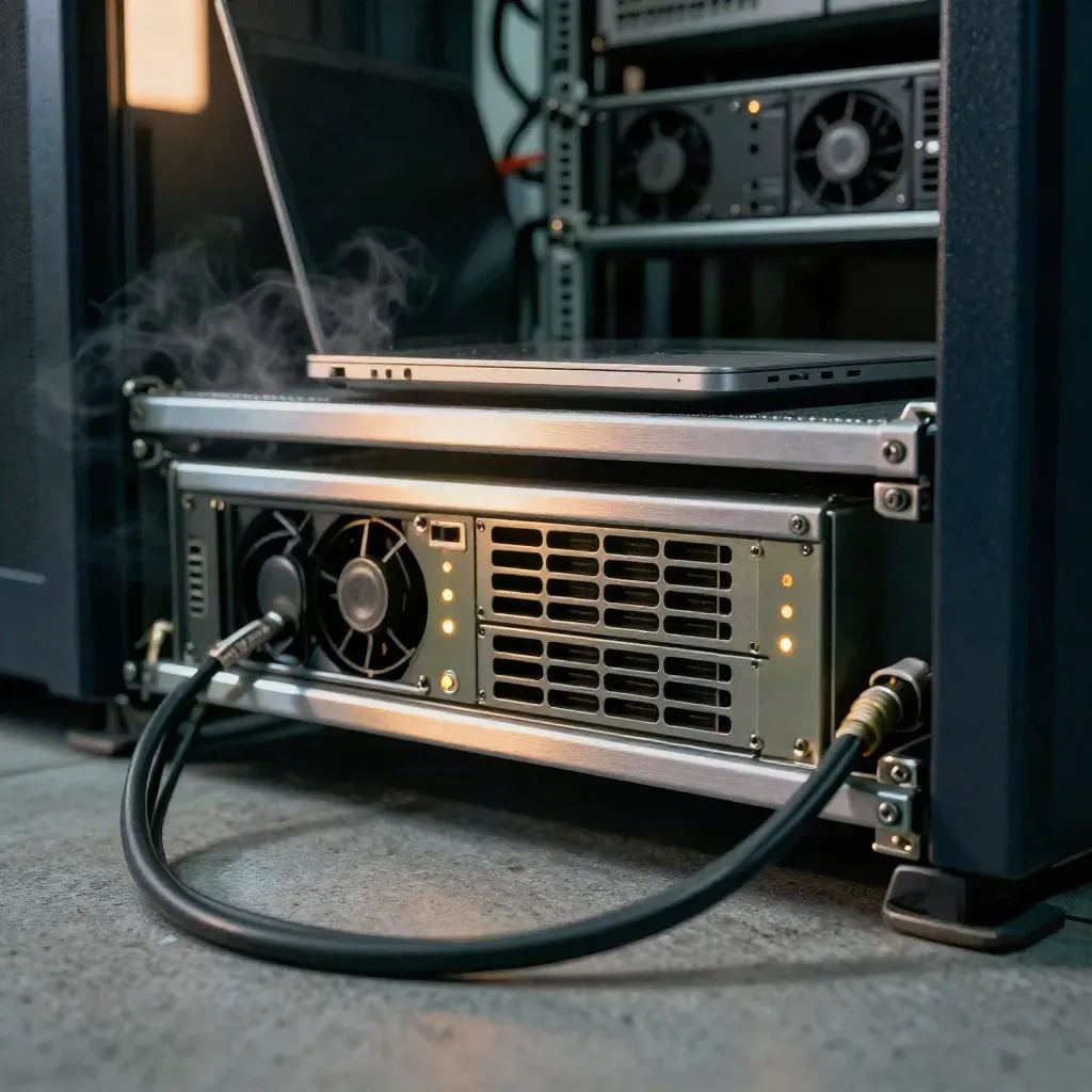 Drive stack, laptop, and cable coil pulsing under teal server glow in a cool CI workspace.