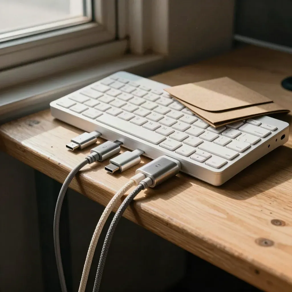 Keyboard pack with cables and adapters on a warehouse bench by a door.