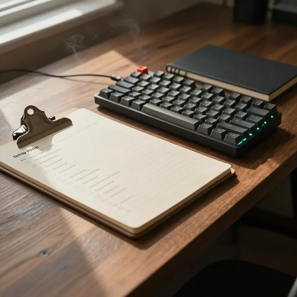 Low desk-edge shot of a checklist clipboard, keyboard, and closed notebook sliding into place.