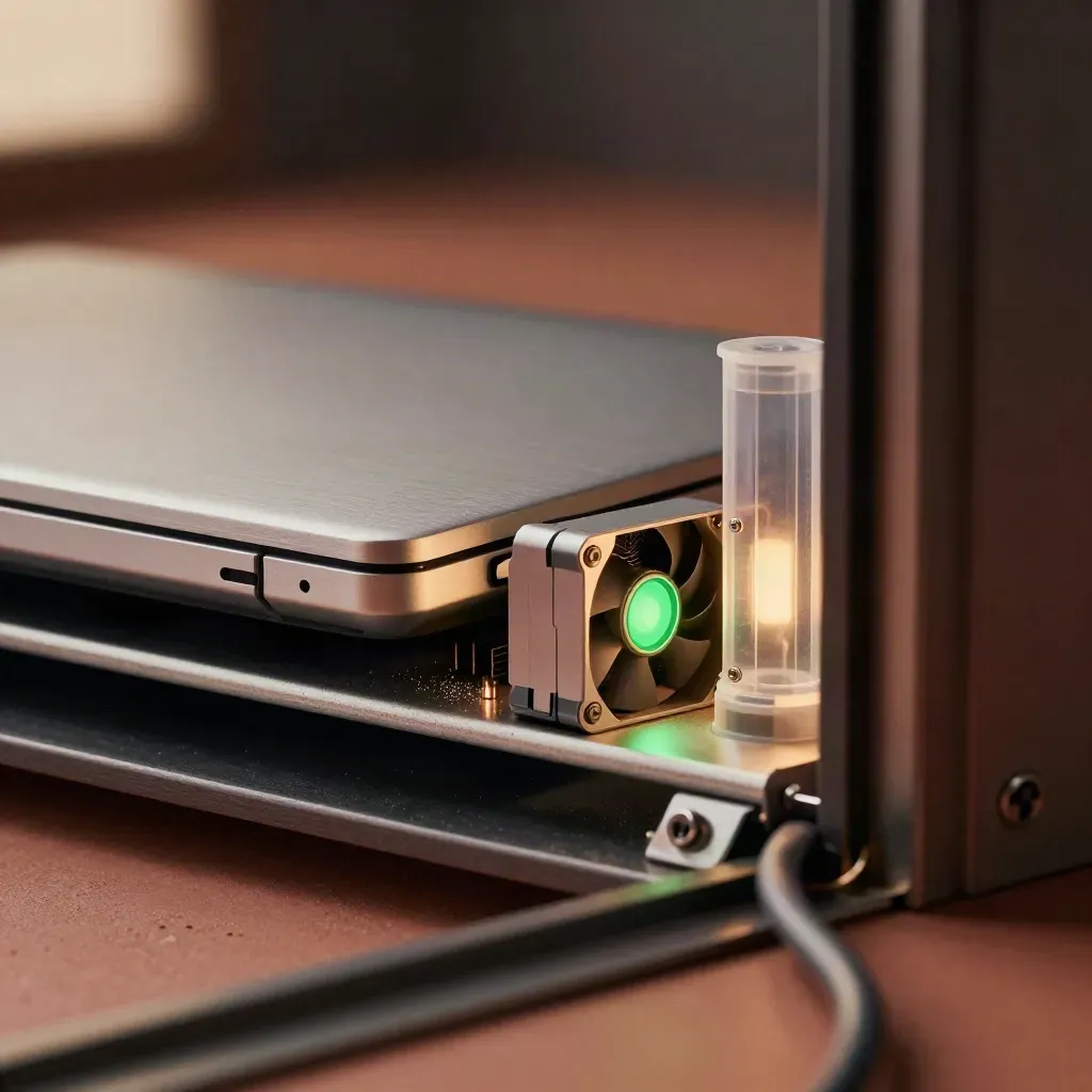 Green build light over a sealed laptop in a moody hardware bay