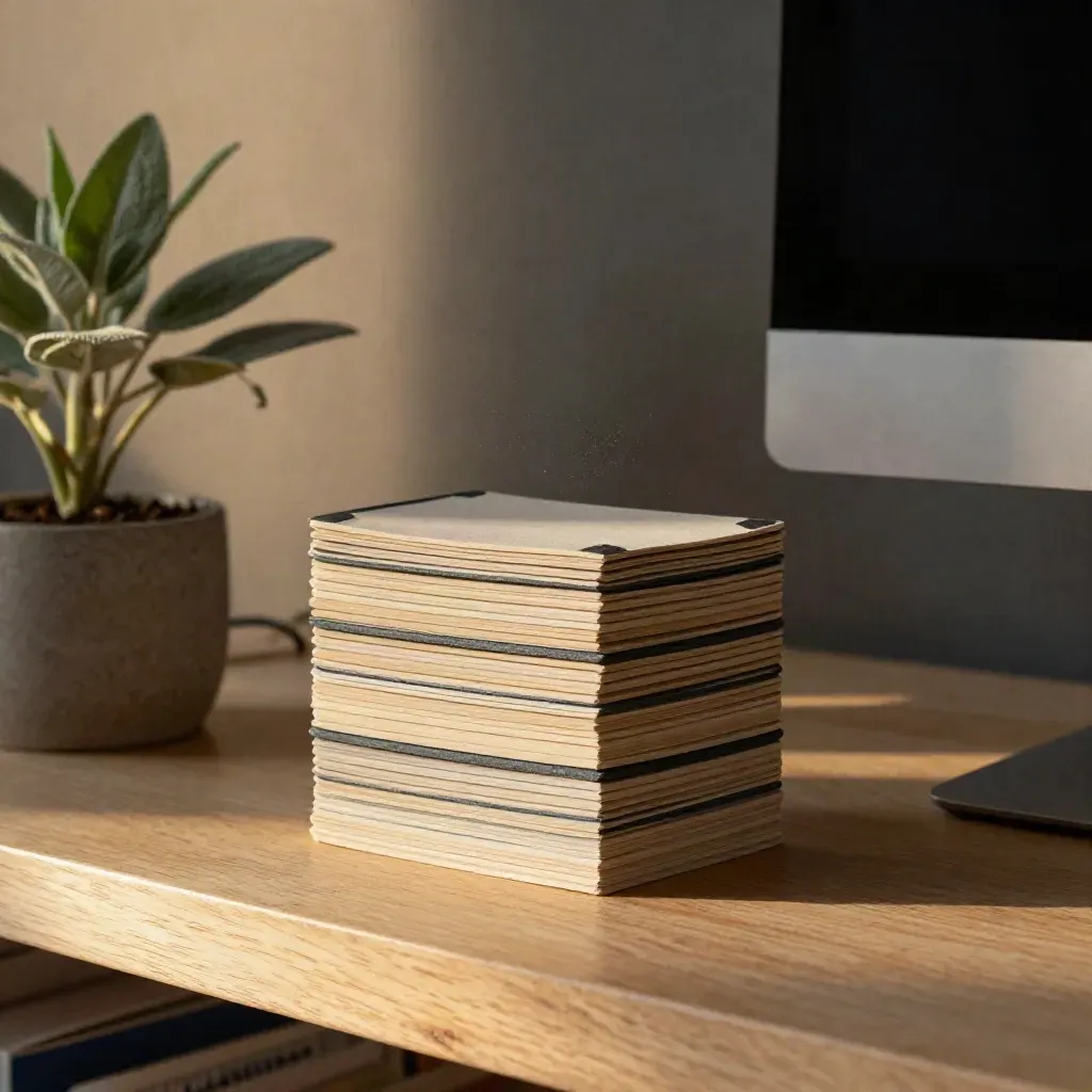 Style reference cards beside a monitor stand and plant in warm shelf light