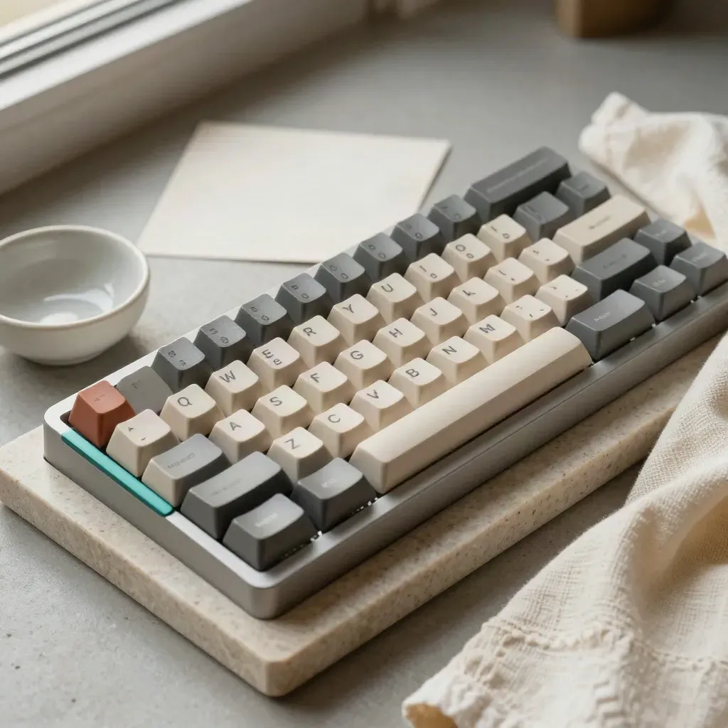 Keycap tray, cream cloth, and ceramic bowl on limestone for formatter presets.