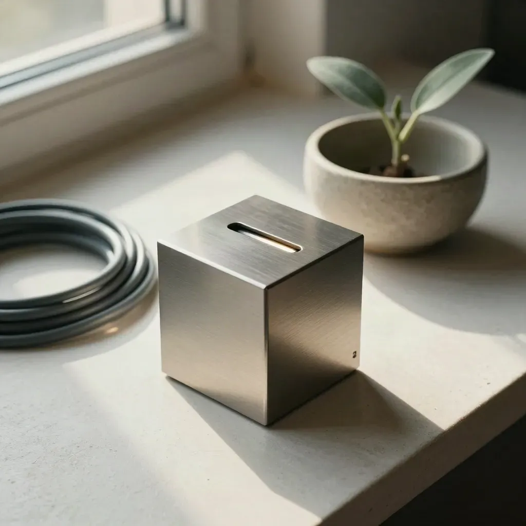 Brushed metal status cube glowing beside cable, bowl and plant cutting on a pale plaster sweep.