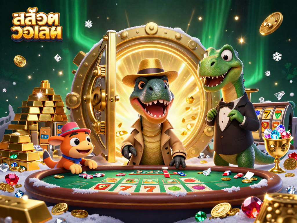 Play สล็อตวอเลท with dynamic characters at an exciting blackjack table amidst golden treasures.