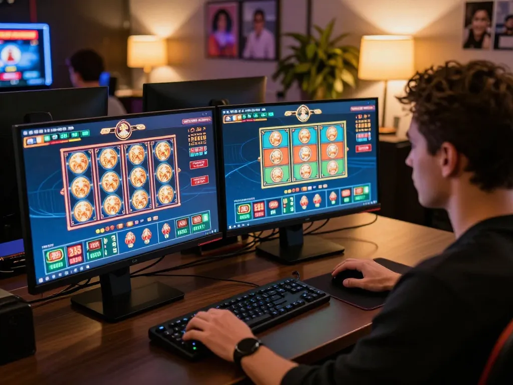 Player engaging with online slots on sites not on gamstop, showcasing vibrant casino action.