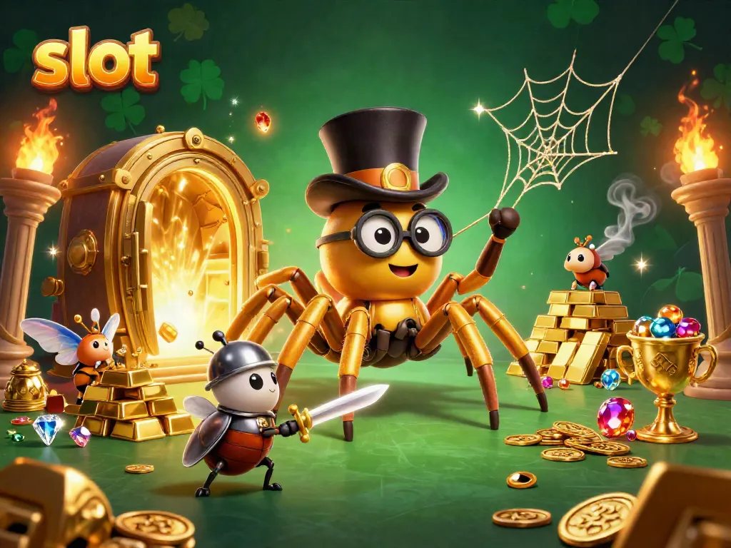 Slot dalam permainan kasino, tarantula emas dan ksatria beetle bertemu di panggung glamor.