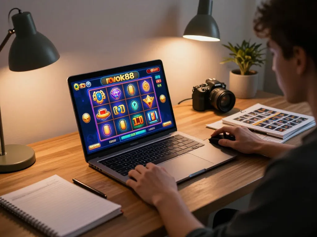 Playing rokok88 slot on a laptop in an inviting home office with vibrant graphics.