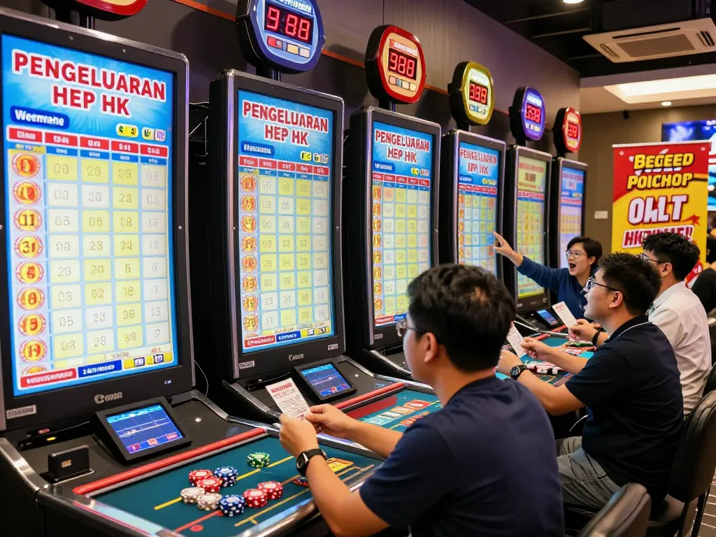 Pengeluaran HK lottery players engaging with digital screens showing live draw results.