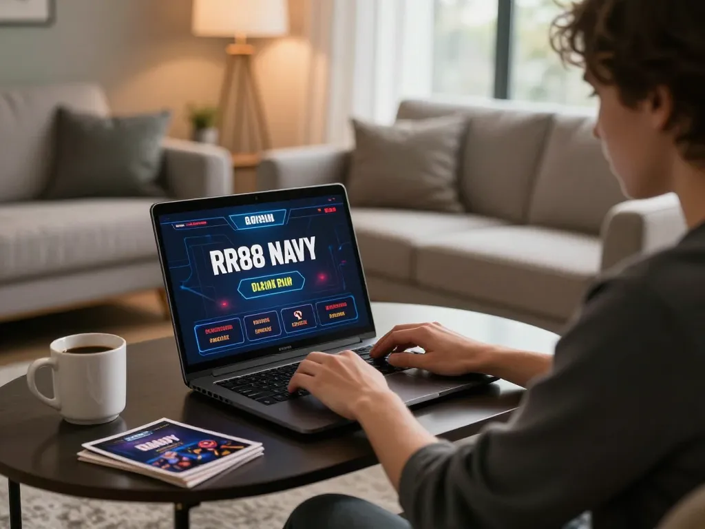 Play online at RR88 NAVY with a laptop in a stylish living room, enjoying strategic gameplay.