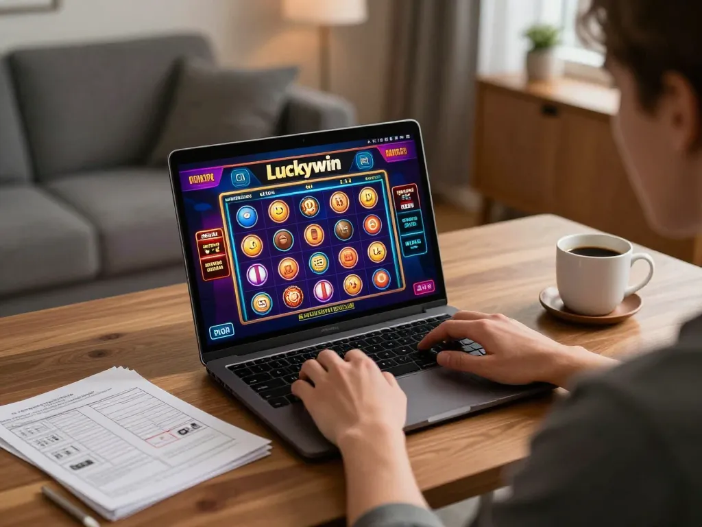 Người chơi vui vẻ tham gia casino trực tuyến Luckywin trên máy tính xách tay trong không gian ấm cúng tại nhà, thể hiện sự phấn khích và chiến lược chơi game.