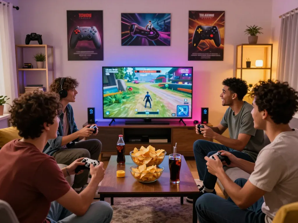 Friends having fun playing MM88 in a lively gaming room with snacks and drinks.