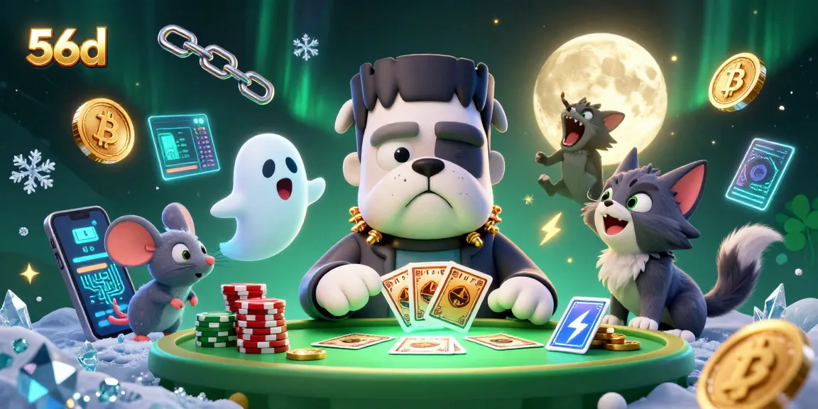 Join the thrilling action at 56d with a vibrant illustration of a Frankenstein bulldog dealing cards amidst exciting gameplay elements.