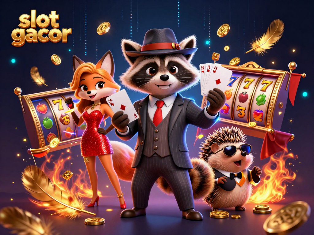 Experience the thrill of slot gacor with a suave raccoon, glamorous fox, and bouncer in a vibrant casino scene.