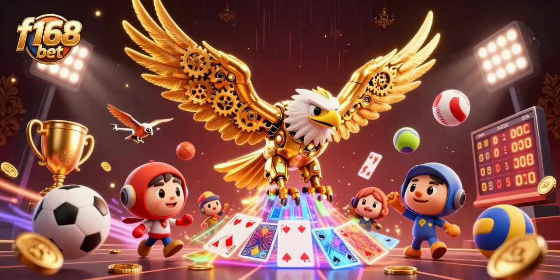 Experience the thrill of f168 bet with a dynamic 3D illustration of a cybernetic eagle flying through holographic cards.