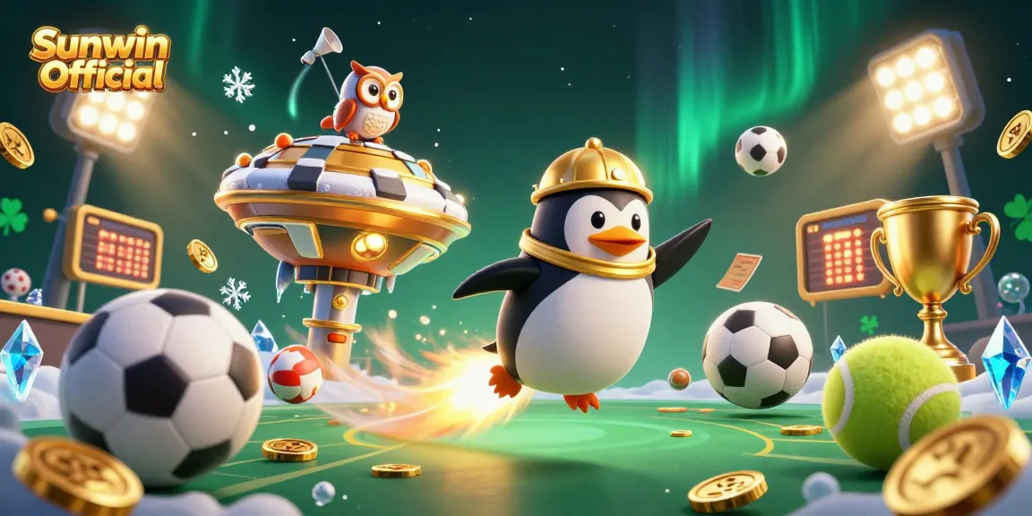 Bet on big wins with Sunwin Official as a golden penguin navigates a casino in space.