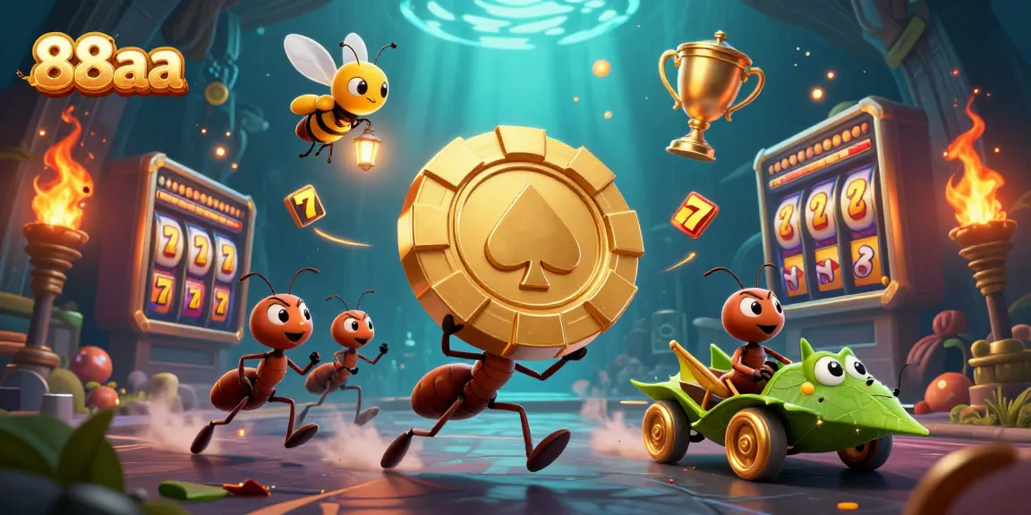 Experience thrilling gameplay at 88aa with cartoon ants stealing a giant poker chip amidst slot games.