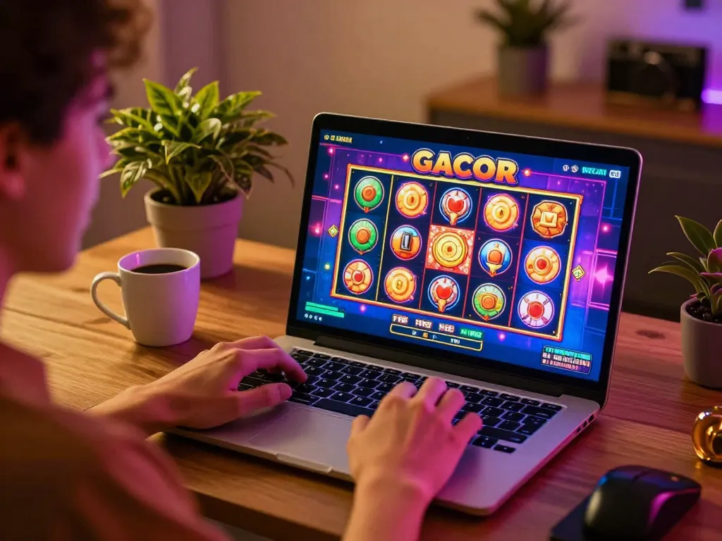 Engaging moment of a player enjoying slot gacor games on a laptop at home, showcasing a vibrant gaming atmosphere