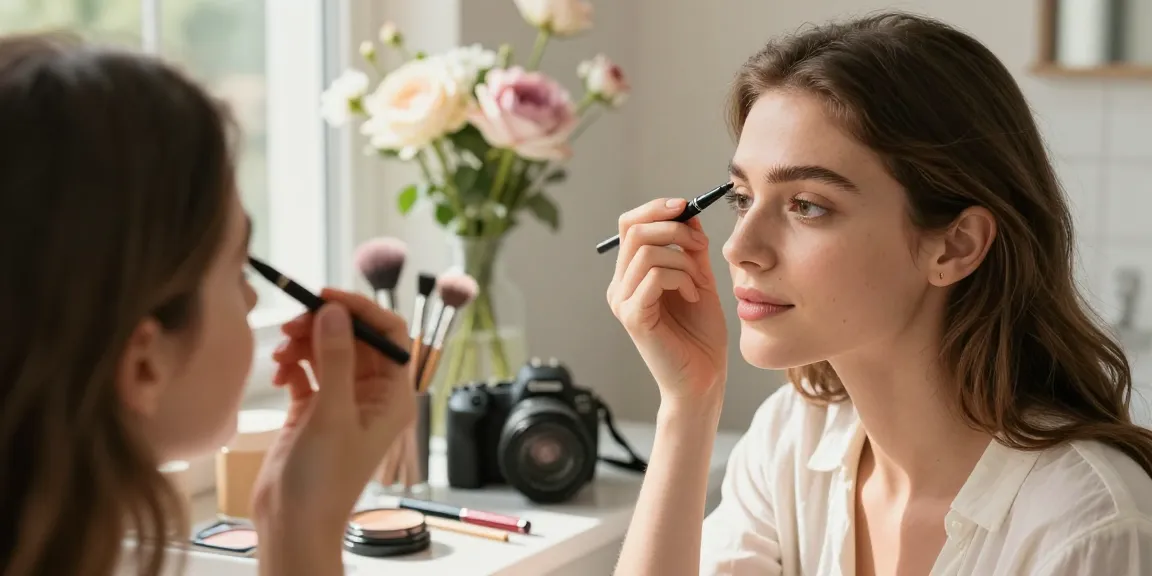 Applying eyebrow pencil light brown in a bright bathroom setting with makeup essentials.