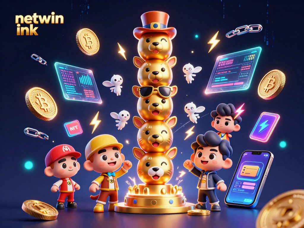 Experience the excitement of netwin ink with vibrant casino-themed 3D digital art featuring crypto and gaming elements.