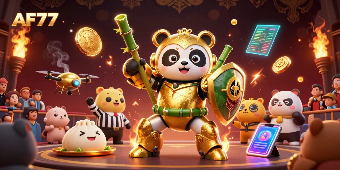 Engage with AF77's thrilling online casino experience, showcasing dynamic 3D characters and crypto elements.
