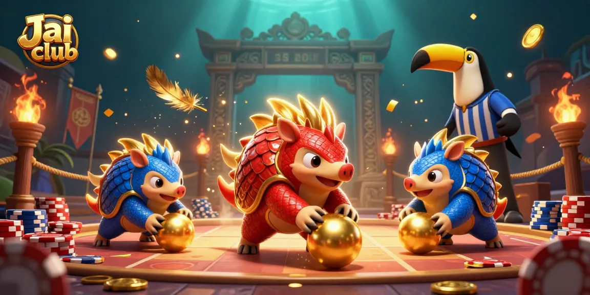 Engage in thrilling Jai club gameplay as rival pangolins roll towards golden balls amidst betting tokens.