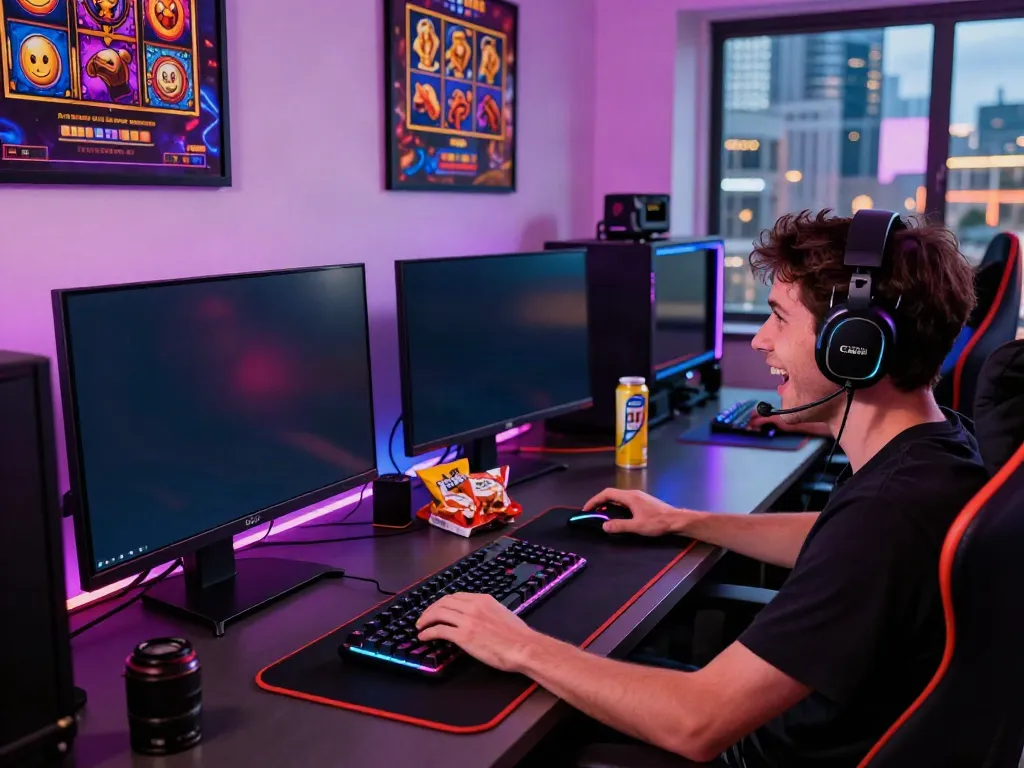 Gamer menikmati permainan slot777 dengan antusias di ruang gaming modern yang cerah.